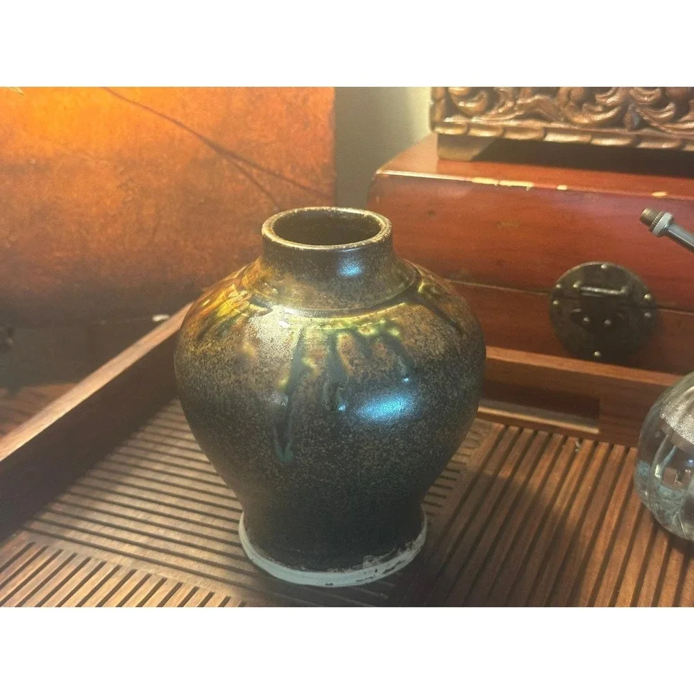 Artist Signed Rustic Speckled Pottery Vase Brown Green Studio Art 5.5